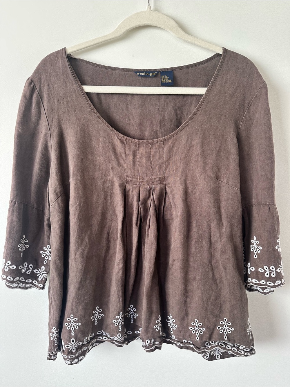 Brown Embroidered Scoop Neck Peasant Top